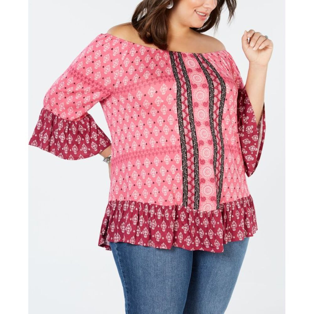 Style & Co Plus Size Mixed Print Off The Shoulder Top